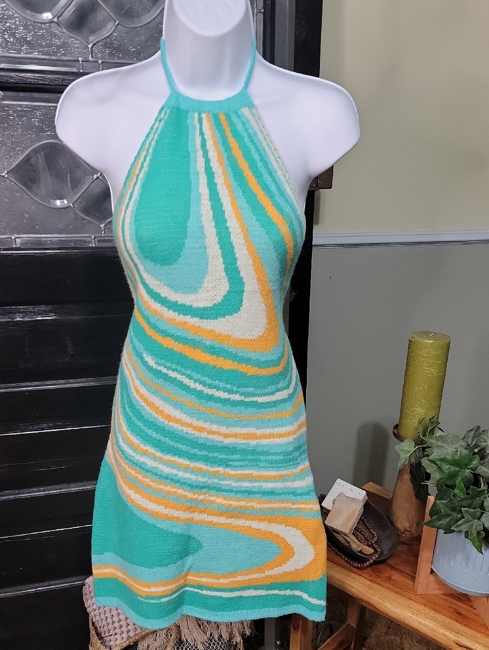 #31 Miss Sparkling Vibrant Orange And Teal Knit Halter  Dress Women Size XL